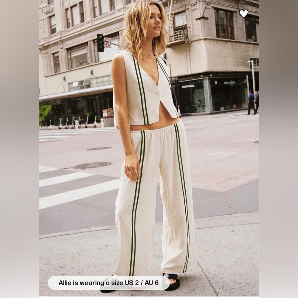 Princess Polly Linen White and Green Vest and Wide Leg Pants Set